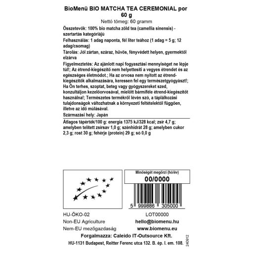 BioMenü organski ceremonialni matcha čaj v prahu 60 g oznaka podatkov