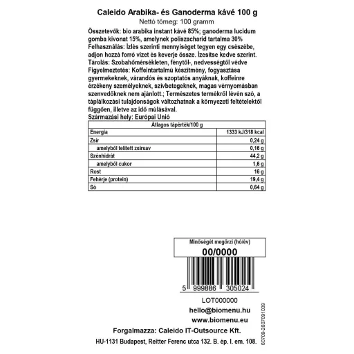 Caleido kava Arabica in Ganoderma, 100 g oznaka podatkov