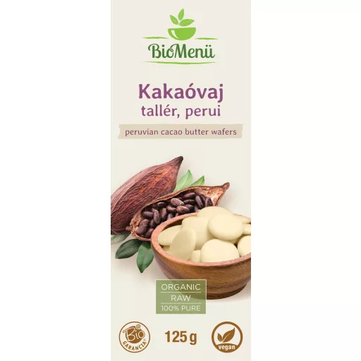 BioMenü ekološki perujski kakavovo maslo diski 125 g oznaka