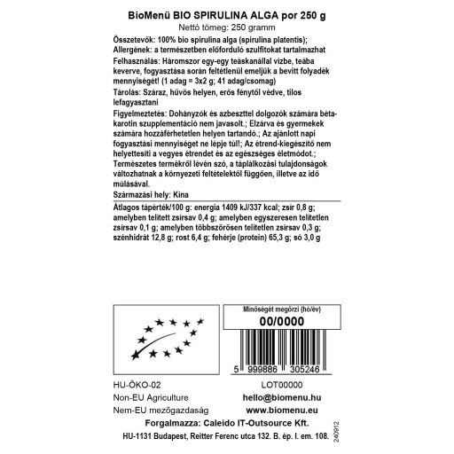 BioMenü ekološki prah alg spirulina 250 g oznaka podatkov