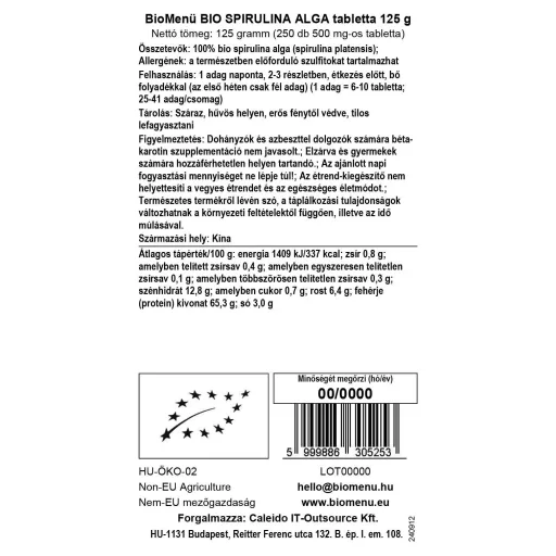 BioMenü organske tablete spirulina alge 125 g oznaka podatkov