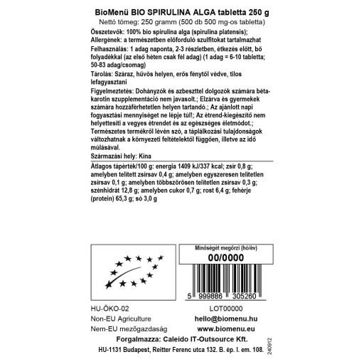 BioMenü organske tablete spirulina alge 250 g oznaka podatkov
