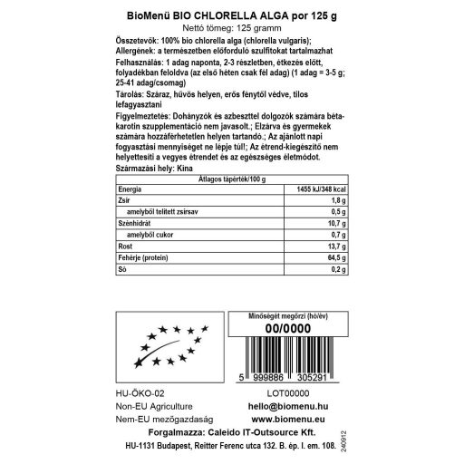 BioMenü organska alga chlorella v prahu 125 g oznaka podatkov