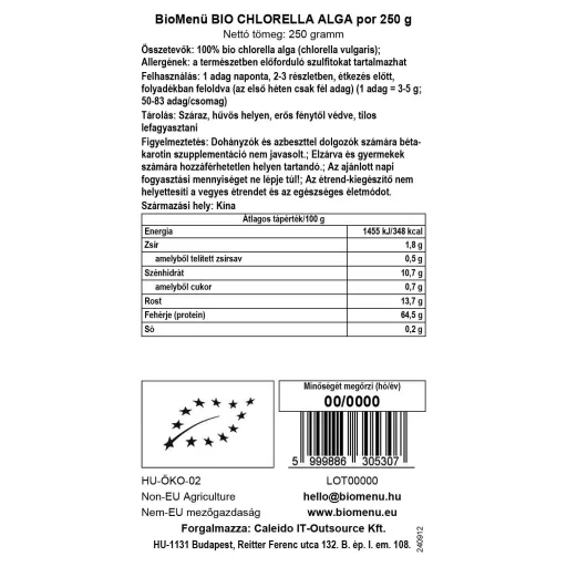BioMenü organska alga chlorella v prahu 250 g oznaka podatkov