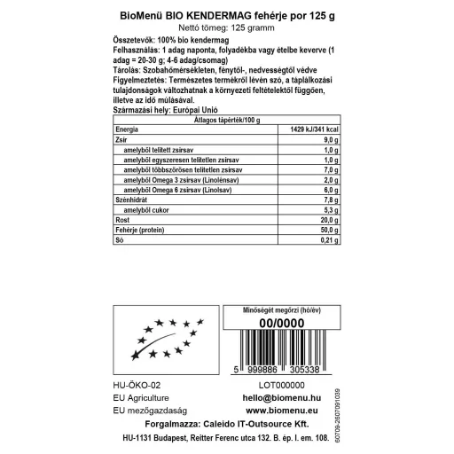 BioMenü organski konopljin beljakovinski prah 125 g oznaka podatkov