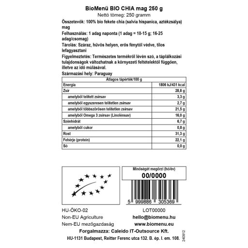 BioMenü organska semena chia 250 g oznaka podatkov