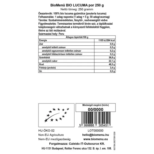 BioMenü organska lucuma v prahu 250 g oznaka podatkov