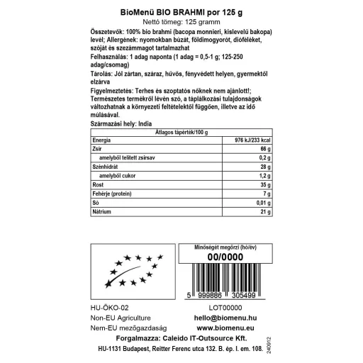 BioMenü ekološki prah brahmi 125 g oznaka podatkov