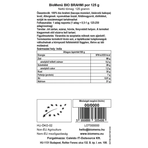 BioMenü ekološki prah brahmi 125 g oznaka podatkov