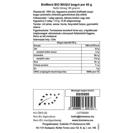 BioMenü organska maqui jagoda v prahu 60 g oznaka podatkov