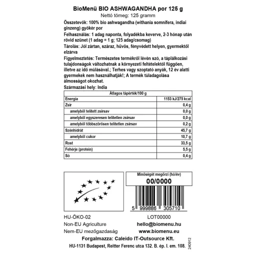 BioMenü ekološki prah ashwagandha 125 g oznaka podatkov