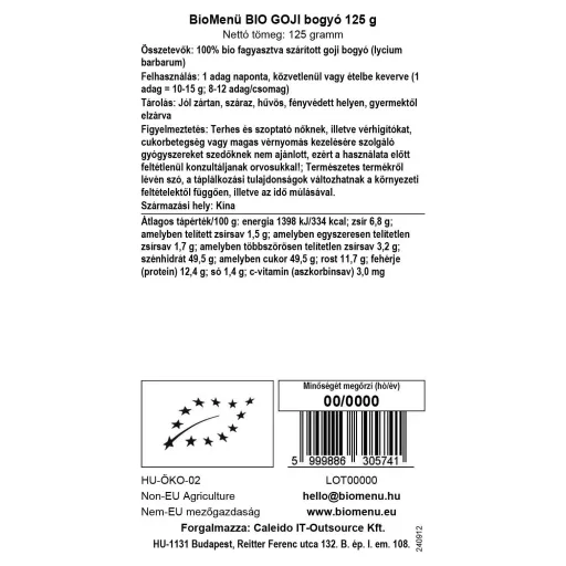 BioMenü ekološke goji jagode 125 g oznaka podatkov