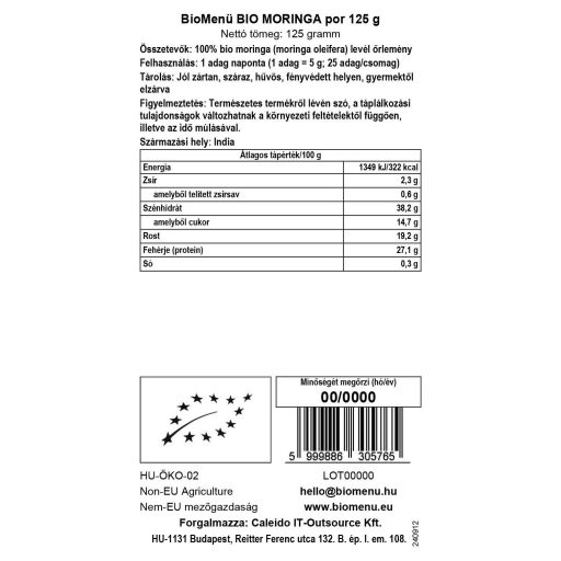BioMenü organska moringa v prahu 125 g oznaka podatkov