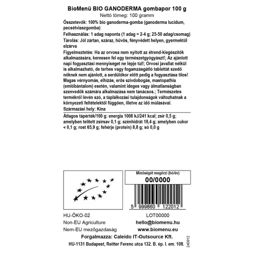 BioMenü ekološki prah gobe ganoderma 100 g oznaka podatkov