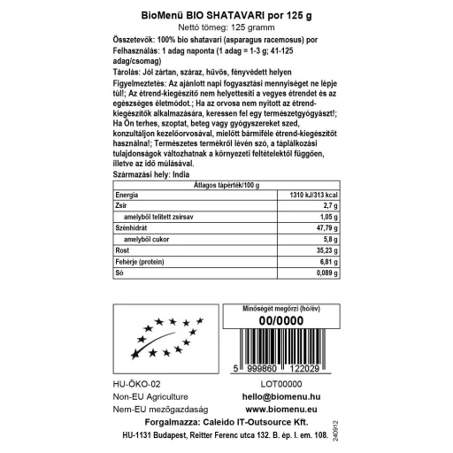 BioMenü ekološki prah shatavari 125 g oznaka podatkov