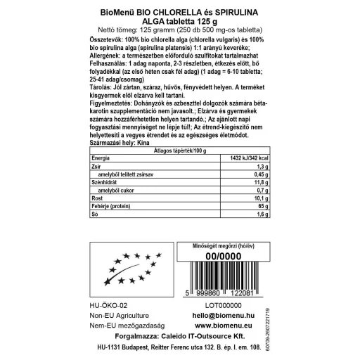 BioMenü organske tablete iz alg chlorella in spirulina 125 g oznaka podatkov
