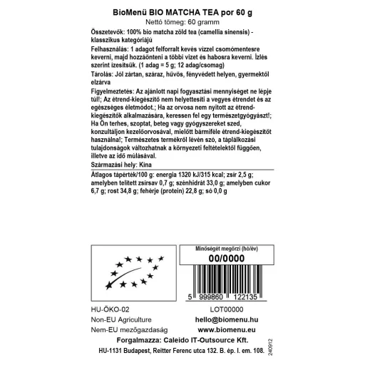 BioMenü organski matcha čaj v prahu 60 g oznaka podatkov