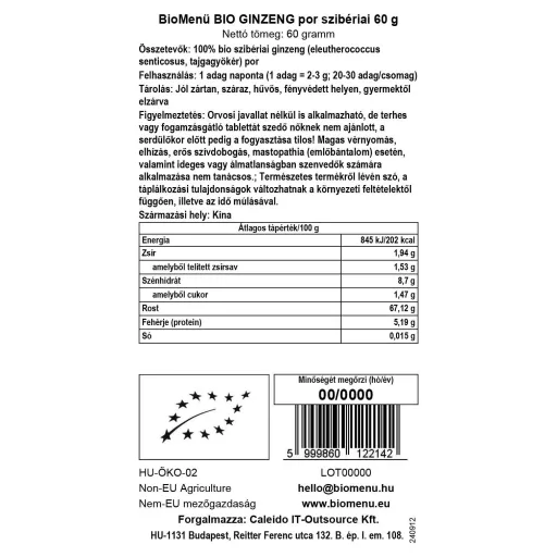 BioMenü ekološki sibirski ginseng v prahu 60 g oznaka podatkov