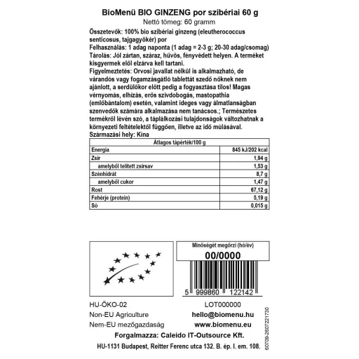 BioMenü ekološki sibirski ginseng v prahu 60 g oznaka podatkov