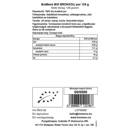 BioMenü ekološki prah brokolija 125 g oznaka podatkov