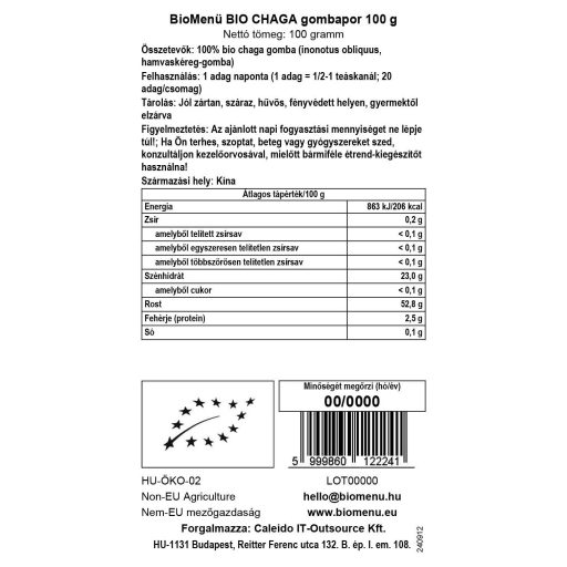 BioMenü organska goba chaga v prahu 100 g oznaka podatkov