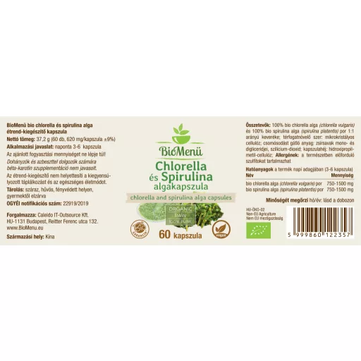 BioMenü organske kapsule iz alg chlorella in spirulina 60 kosov oznaka