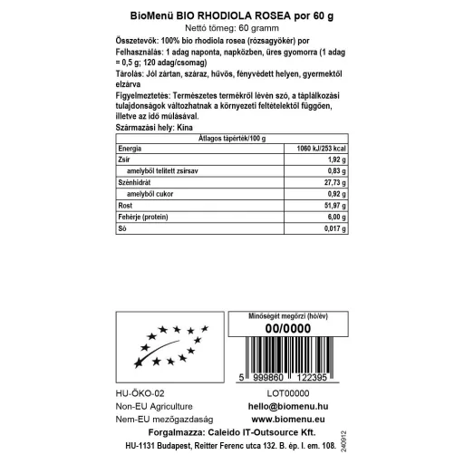 BioMenü ekološki prah rhodiola rosea 60 g oznaka podatkov