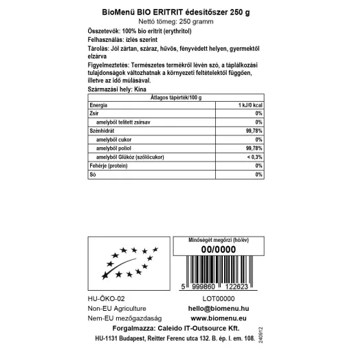 BioMenü ekološko sladilo eritritol 250 g oznaka podatkov