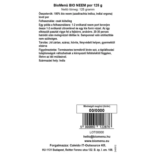 BioMenü organska neem v prahu 125 g oznaka podatkov