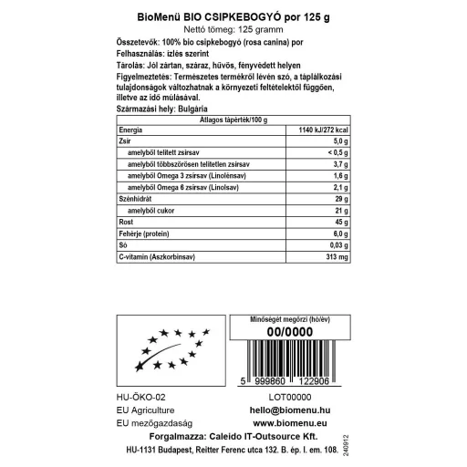 BioMenü ekološki prah šipka 125 g oznaka podatkov