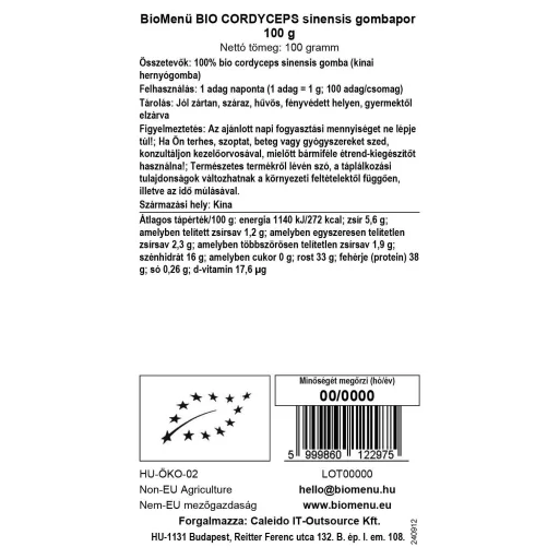 BioMenü organska moka iz gob cordyceps sinensis 100 g oznaka podatkov