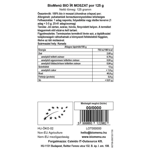 BioMenü organski prah irskega mahu 125 g oznaka podatkov