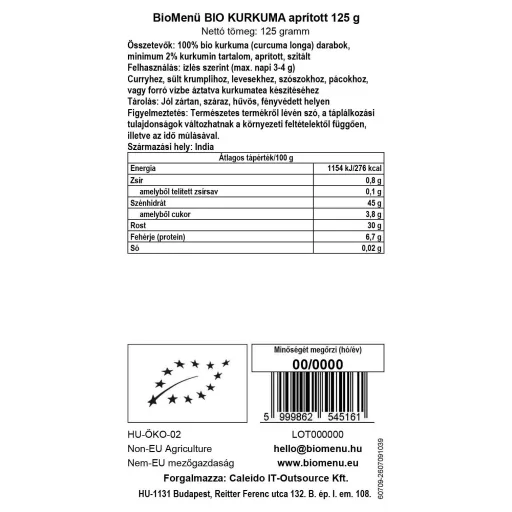 BioMenü organska kurkuma, sesekljana 125 g oznaka podatkov