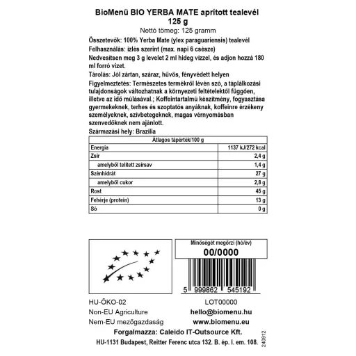 BioMenü ekološki sesekljan čaj yerba mate 125 g oznaka podatkov