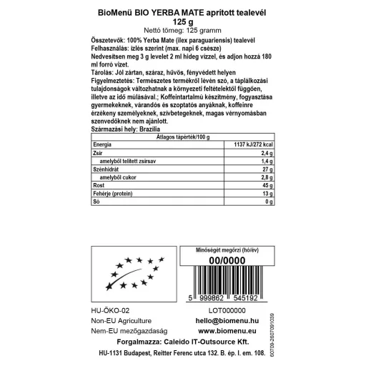 BioMenü ekološki sesekljan čaj yerba mate 125 g oznaka podatkov