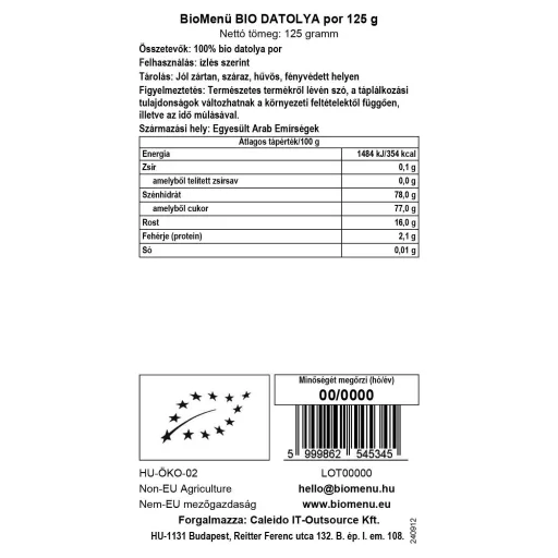 BioMenü ekološki prah dateljni 125 g oznaka podatkov