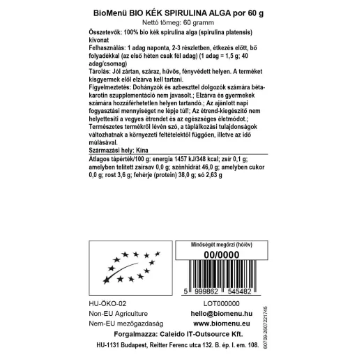 BioMenü ekološki prah modre spiruline 60 g oznaka podatkov