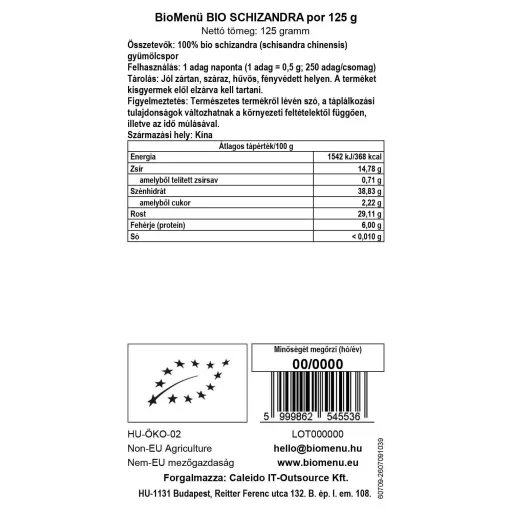BioMenü ekološki prah schizandra 125 g oznaka podatkov